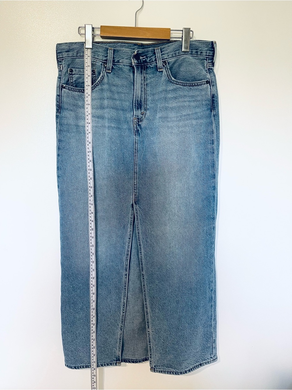 Levis  Light Wash Blue Denim maxi skirt with front slit.